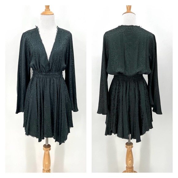 LOVESHACKFANCY Dress Womens 2 Dark Teal Blue Bell Sleeve Deep V-neck Silk Damask - Picture 1 of 16